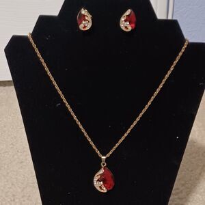 Gold-Toned Red Pendant and Earring Set, 16"